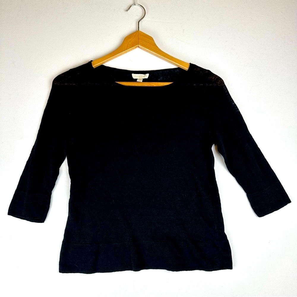 Eileen Fisher Sheer 3/4 Sleeve Linen Blend Sweater Office Minimalistโ Black